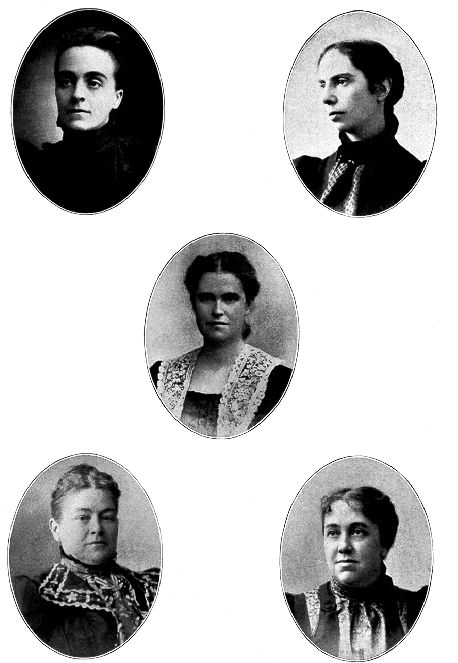 (Miss Anthony's Cabinet in 1900.)
CATHARINE WAUGH McCULLOCH. Second Auditor.
ALICE STONE BLACKWELL. Recording Secretary.
RACHEL FOSTER AVERY. Corresponding Secretary 21 Years.
LAURA CLAY. First Auditor.
HARRIET TAYLOR UPTON. Treasurer.