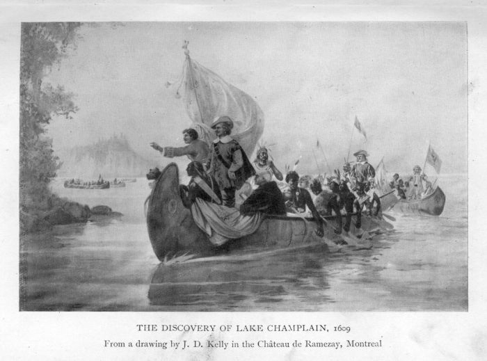 THE DISCOVERY OF LAKE CHAMPLAIN, 1609.  From a drawing by J. D. Kelly in the Ch�teau de Ramezay, Montreal.