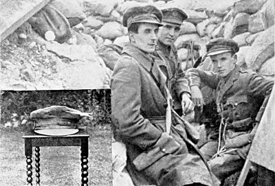 IN THE TRENCHES AT THE FAMOUS AND DEADLY HOHENZOLLERN REDOUBT, AFTER A GERMAN ATTACK.
SHORTLY AFTER THIS WAS TAKEN I WAS SHOT THROUGH MY SERVICE CAP BY A GERMAN SNIPER