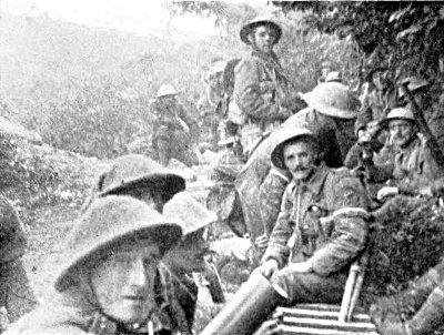 IN THE SUNKEN ROAD AT BEAUMONT HAMEL, JUST BEFORE ZERO HOUR,
JULY 1ST, 1916. MY EXPERIENCES IN GETTING INTO THIS PLACE AT
6.20 A.M. REMAIN THE MOST VIVID OF ALL