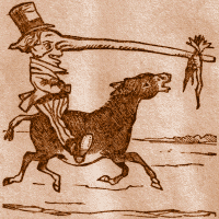 Man on Donkey&mdash;Dangling Carrots from his Long Nose.