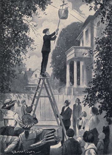 "Neale reached up with a rake and unhooked the hanging
basket"