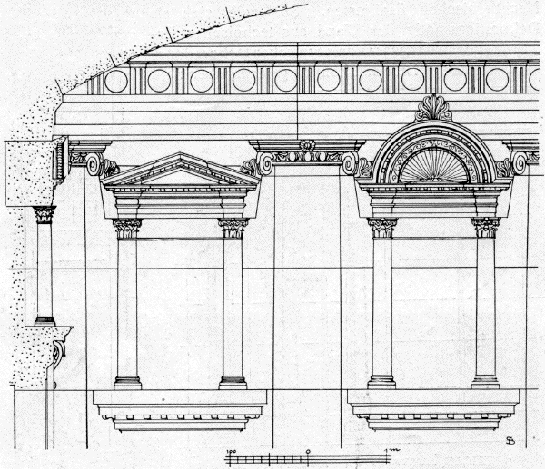 Bild 16. Aedicula und Conche mit besonders eingesetzten Steinen für die Verdachungen, aus den Substruktionen des grossen Tempels in Baalbeck. Bild 16. Aedicula und Conche mit besonders eingesetzten Steinen für die Verdachungen, aus den Substruktionen des grossen Tempels in Baalbeck.