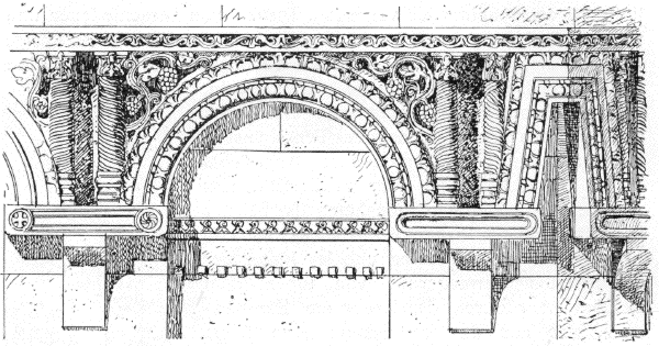 Bild 27. Herstellung der verlorenen Bogen-Architektur auf Grund des Bruchstückes im Museum zu Ravenna, nach Haupt. Bild 27. Herstellung der verlorenen Bogen-Architektur auf Grund des Bruchstückes im Museum zu Ravenna, nach Haupt.