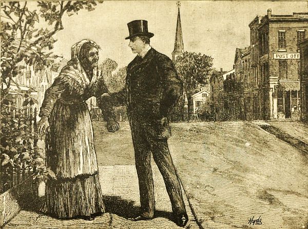 "'Look out,' cried the detective, 'or you will get yourself into trouble,' and he tightened his grip on the old creature's arm."&mdash;(Page 43.) (Frontispiece.)