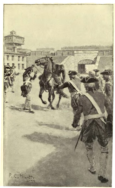 "Plunging through the gate and half across the parade
ground."