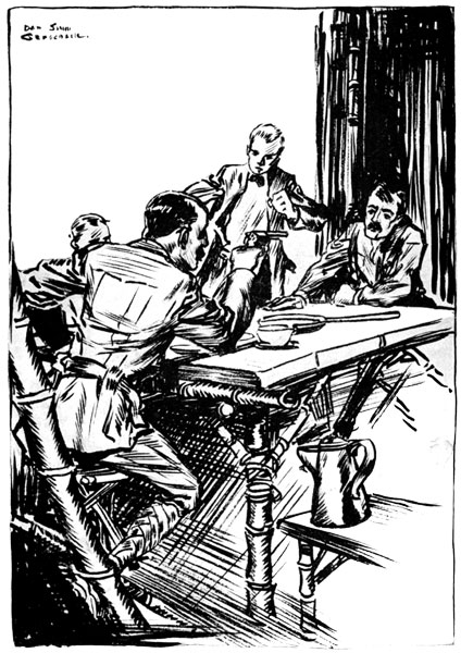 Without the least trace of excitement in his voice Mr.
Wallace had whipped out his revolver and covered the other. "Keep your hands on the table, Montenay!"