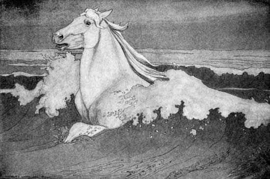 "HE STRUCK OUT DESPERATELY, AND SOON CLEARED THE TURMOIL
OF THE BREAKERS."
