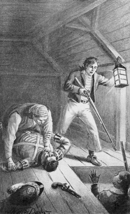 With the lantern in my left hand, I thrust forward the barrel of
my musket full in the face of the miller. Page 72.
