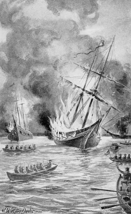 As we pulled away I glanced back at our fleet and saw that the
vessels were well on fire. P. 233.