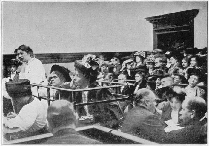 CHRISTABEL, MRS. DRUMMOND AND MRS. PANKHURST IN THE DOCK,
FIRST CONSPIRACY TRIAL October, 1908