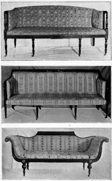 Plate XXVIII.&mdash;Sheraton, mahogany frame, about 1800; Sheraton with solid arms and straight, slender legs; Sheraton, about 1790. Note the graceful curve of the arms.