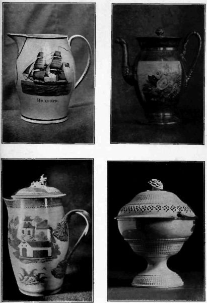 Plate LIV.&mdash;Liverpool Pitcher, showing Salem Ship; Old Chelsea Ware; Canton China Teapot; Wedgwood, with Rose decoration. Very rare.