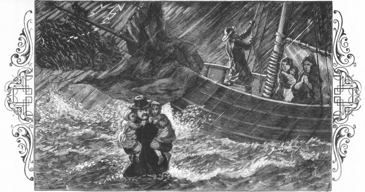 "Webster took two of the children in his strong arms,
and carried them safely to the bank." P. 474