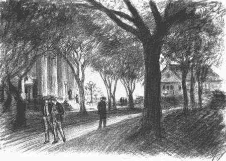 The campus seems to have "just growed."... Nevertheless there is a sort of homely charm about
the place, with its unimposing, helter-skelter piles of brick and stone
