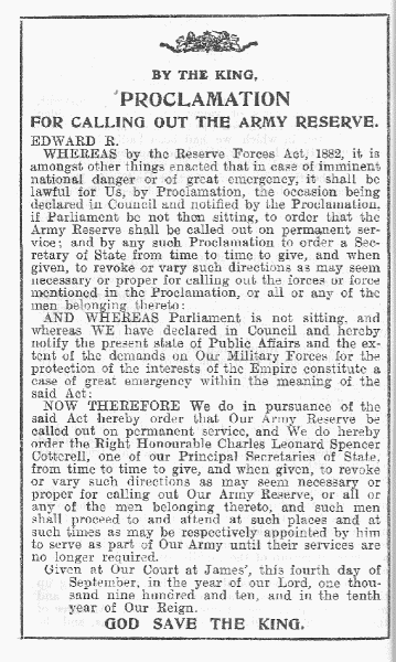 PROCLAMATION
FOR CALLING OUT THE ARMY RESERVE