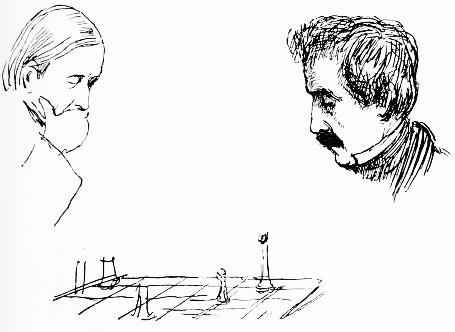CHARLES HALLÉ AND MANUEL GARCIA PLAYING CHESS.

(Reproduced from an Original Sketch by Richard Doyle.)