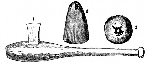 Fig. 80.

Neolithic implements.

1, Stone hatchet mounted in wood. 2, Jade celt, a polished stone
weapon, from Livermore in Suffolk, � size. 3, Spindle whorl, �
size.