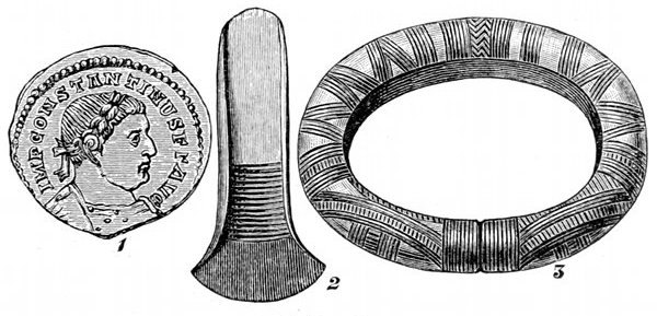 Fig. 82.

British relics.

1, A coin of the age of Constantine. 2, Bronze weapon from a Suffolk
barrow. 3, Bronze bracelet from Liss in Hampshire.
