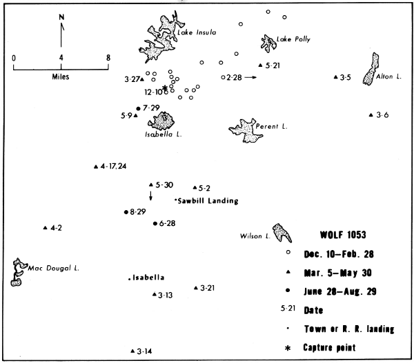 Figure 21.&mdash;Locations and
range of wolf 1053. Only selected
lakes are shown.