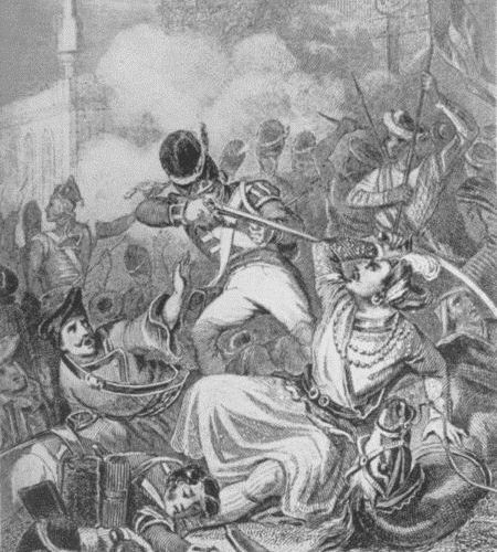 The death of Tippo-Sahib at the storming of Seringapatam.

From a painting by R. de Moraine.