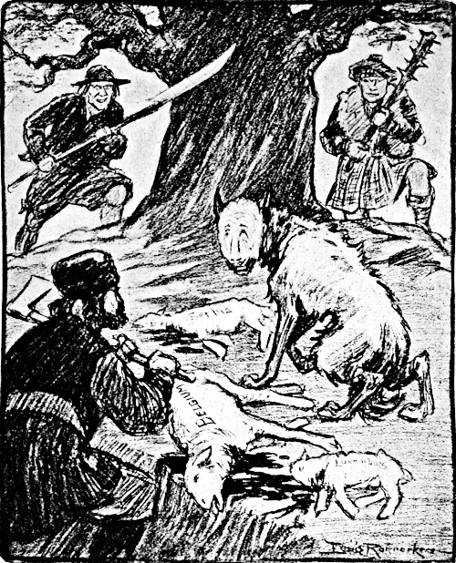 The Kaiser as a wolf with Serbia, Belgium and Luxenburg as
       slaughtered sheep