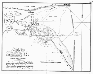 A Plan of
ALBANY RIVER
in Hudson's Bay
Latitude 52�.12'.0" North
Longitude 82�.40'.0" W. from London
by S.H. 1774
Plan is laid down by Magnetical Compass. The three
hummocks of Wood on Sawpit Island can be seen in clear weather
over the Factory Island, in 3 fathom Water, and is a good
Mark. Saddle-back hummock bears due West from Albany
Roads and is a good Mark for laying the Buoys.