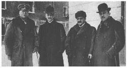 Representatives of the Central Powers at Brest-Litovsk
(from left to right): Gen. Hoffmann of the German Army; Count Czernin,
Austro-Hungarian Foreign Minister, Talaat Pasha, Turkish Grand Vizier,
and von Kuehlmann, German Foreign Minister
(International Film Service)