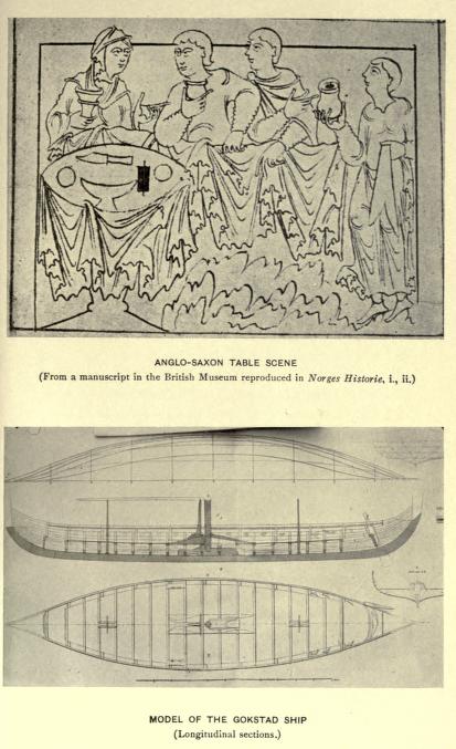Anglo-Saxon Table Scene (From a manuscript in the British
Museum reproduced in Norges Historie, i., ii.)&mdash;Model of The Gokstad Ship