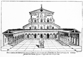 FACCIATA INTERIORE DELLA CHIESA ANTICHA DI S. PIETRO IN
VATICANO, E SVO ATRIO

Descritta de Carlo Padredio disegnata et intagliata da Giovanni Battista
Falde

Fa�ade int�rieure de l'ancienne �glise Saint-Pierre au Vatican.