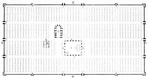 Plan g�n�ral de la bastide de Montapzier (Dordogne).&mdash;E,
est; S, sud; O, ouest; N, nord.&mdash;1. Place du march�; 2. Halle ou H�tel
de Ville; 3. Puits; 4. Rues couvertes; 5. �glise paroissiale; 6. Maison
dite du chapitre; 7. Portes monumentales; 8. Tours de l'enceinte.