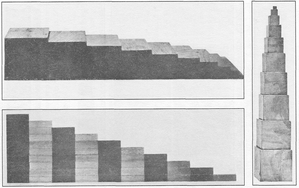 (A) BROAD STAIR. (B) LONG STAIR. (C) TOWER. Blocks by which children are taught thickness, length, size.