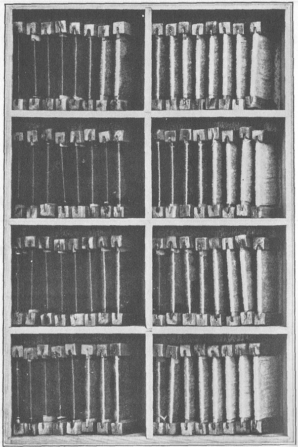 TABLETS WOUND WITH COLOURED SILK.
Used for educating the chromatic sense. The tablets are shown in the boxes in which they
are kept.
