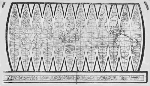 Terrestrial
Globe Gores of Fran&ccedil;ois de Mongenet, 1552.