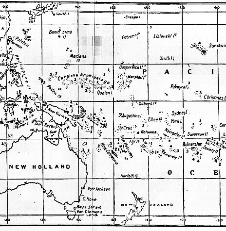 [Illustration:
Map showing distribution of coral-reefs and active volcanoes.]
