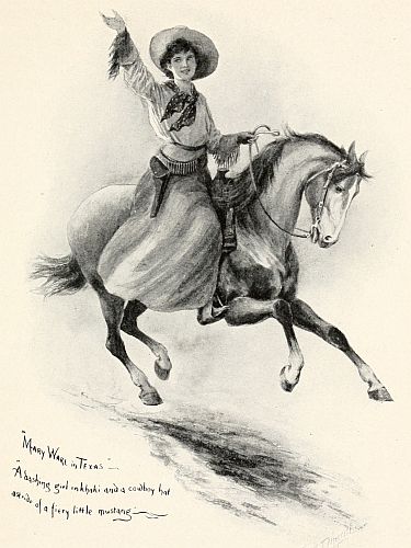 A dashing girl in khaki and a cowboy hat
astride of a fiery little mustang
