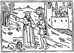 FIG. 35.&mdash;St. Jerome Commending the Hermit’s Life. From
“Epistole di San Hieronymo.” Ferrara, 1497.
