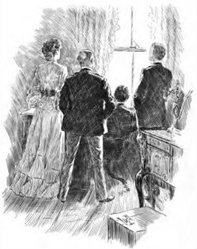 Four people looking out of a window
