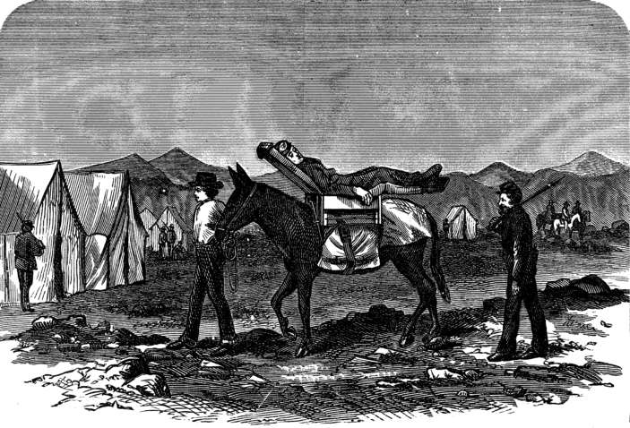 Wounded soldier lies
on wood-frame litter which is strapped atop a mule led by another.