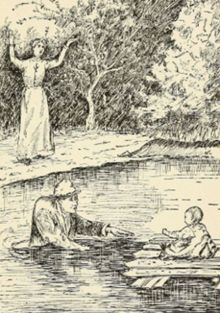 Jack ran into the pond, until the water was above his
waist, and the baby held out his hands to be taken.&mdash;Page 147.