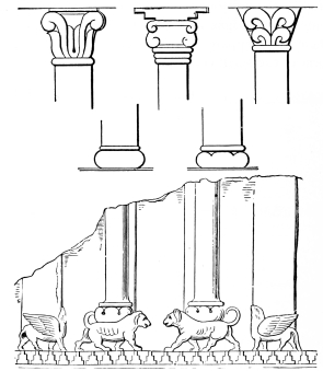 Fig. 50.&mdash;Various Forms of Capitals and Bases, from
Assyrian Reliefs.