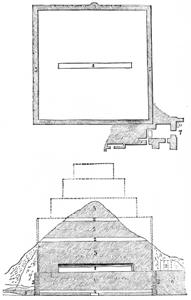 Fig. 56.&mdash;Plan and Section of the Terraced Pyramid of
Nimrud. 1. Vaulted Corridor. 2. Modern Shafts. 3. Revetment Wall of Cut
Stone. 5. Solid Brick Masonry. 6. Great Palace Terrace. 7. Temple.