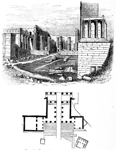 Fig. 158.&mdash;Plan and View of the Propylæa, Athens.