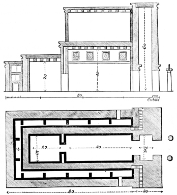 Fig. 103.&mdash;Hypothetical Plan and Section of Solomon’s
Temple.