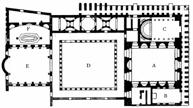 Fig. 292.&mdash;Flavian Palace.

A. Tablinum; B. Lavarium; C. Basilica; D. Atrium; E. Dining-hall
(Œcus); F. Nymphæum.