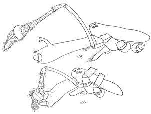 Figs. 465, 466. Cephalothorax, mandible, and palpus of males.&mdash;465, Tetragnatha
grallator. 466, Tetragnatha extensa.
