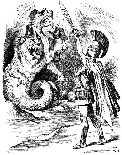 Reproduced by permission of the proprietors of ‘Punch.‘
BELLEROPHON JUNIOR.
‘I THINK THIS’LL FETCH ’EM!!’
‘The Chancellor of the Exchequer states to the Board that Her Majesty’s
advisers desire to satisfy themselves that the clerical establishments
of the Civil Service, of the Naval and Military Departments, and also of
the Revenue Departments, are organised generally upon a principle which
secures efficiency without undue cost to the public.’&mdash;Treasury
Minute, Sept. 14.

Punch, September 25, 1886