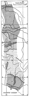 Fig. 157&mdash;Outline sketch showing the principal rock belts
of Peru along the seventy-third meridian. They are: 1, Pleistocene and
Recent gravels and sands, the former partly indurated and slightly
deformed, with the degree of deformation increasing toward the mountain
border (south). 2, Tertiary sandstones, inclined from 15° to 30°
toward the north and unconformably overlain by Pleistocene gravels. 3,
fossil-bearing Carboniferous limestones with vertical dip. 4,
non-fossiliferous slates, shales, and slaty schists (Silurian) with
great variation in degree of induration and in type of structure. South
of the parallel of 13° is a belt of Carboniferous limestones and
sandstones bordering (5), the granite axis of the Cordillera
Vilcapampa. For its structural relations to the Cordillera see Figs. 141
and 142. 6, old and greatly disturbed volcanic agglomerates, tuffs and
porphyries, and quartzitic schists and granite-gneiss. 7, principally
Carboniferous limestones north of the axis of the Central Ranges and
Cretaceous limestones south of it. Local granite batholiths in the axis
of the Central Ranges. 8, quartzites and slates predominating with
thin limestones locally. South of 8 is a belt of shale, sandstone, and
limestone with a basement quartzite appearing on the valley floors. 9,
a portion of the great volcanic field of the Central Andes and
characteristically developed in the Western or Maritime Cordillera,
throughout northern Chile, western Bolivia, and Peru. At Cotahuasi (see
also Fig. 20) Cretaceous limestones appear beneath the lavas. 10,
Tertiary sandstones of the coastal desert with a basement of old
volcanics and quartzites appearing on the valley walls. The valley floor
is aggraded with Pleistocene and Recent alluvium. 11, granite-gneiss
of the Coast Range. 12, late Tertiary or Pleistocene sands and gravels
deposited on broad coastal terraces. For rock structure and character
see the other figures in this chapter. For a brief designation of index
fossils and related forms see Appendix B. For the names of the drainage
lines and the locations of the principal towns see Figs. 20 and 204.
