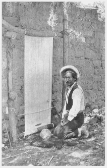Fig. 42&mdash;Rug weaver at Cotahuasi. The industry is limited
to a small group of related families, living in the Cotahuasi Canyon
near Cotahuasi. The rugs are made of alpaca wool. Pure black, pure
white, and various shades of mixed gray wool are employed. The result is
that the rugs have “fast” colors that always retain their original
contrasts. They are made only to order at the homes of the purchasers.
The money payment is small, but to it is added board and lodging,
besides tobacco, liqueurs, and wine. Before drinking they dip their
finger-tips in the wine and sprinkle the earth “that it may be
fruitful,” the air “that it may be warm,” the rug “that it may turn out
well,” and finally themselves, making the sign of the cross. Then they
set to work.
