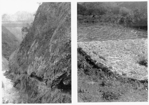 Fig. 47&mdash;The Urubamba Valley below Paltaybamba. Harder
rocks intruded into the schists that in general compose the valley walls
here form steep scarps. It has been suggested (Davis) that such a
constricted portion of a valley be called a “shut-in.” The old trail
climbed to the top of the valley and over the back of a huge spur. The
new road is virtually a tunnel blasted along the face of a cliff.